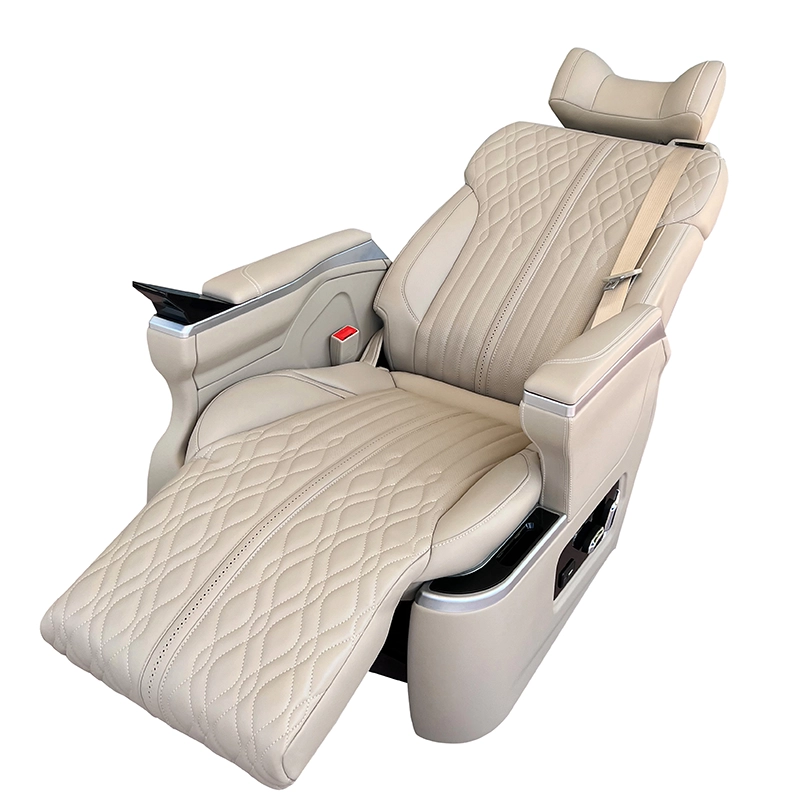 A fully reclined luxury car seat for sale in beige leather, showcasing the 160-degree backrest tilt and extended leg rest for sleeper comfort.