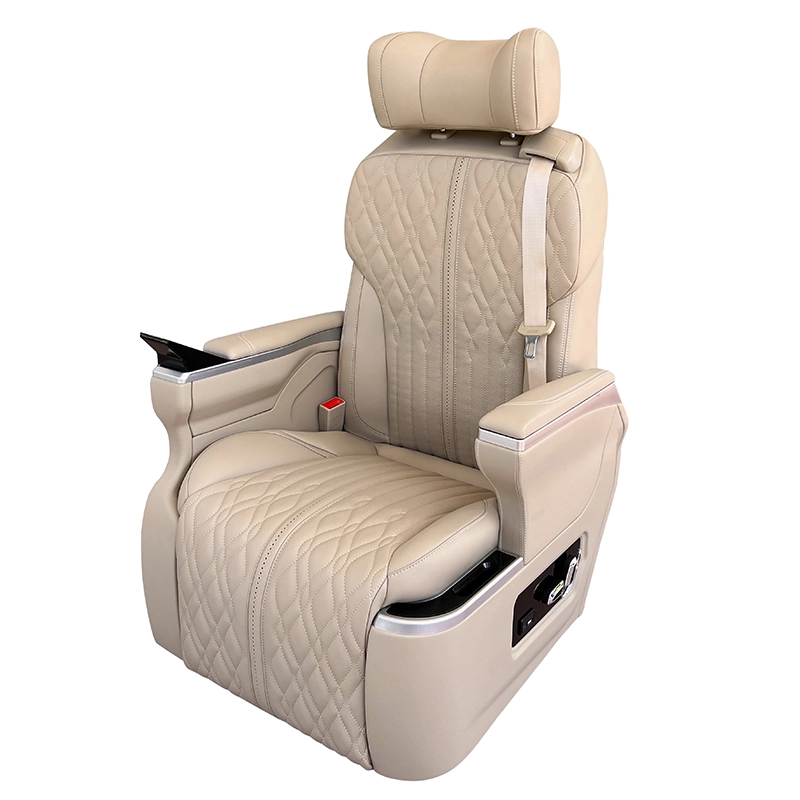 Side view of luxury car seats for sale featuring elegant wavy diamond-stitched beige leather and dual control options (physical buttons and touch screen)
