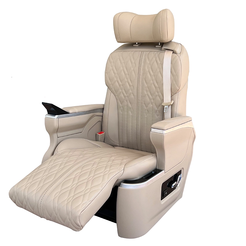 Side view of luxury car seats for sale in beige leather, showing the electric leg rest fully extended for premium passenger comfort.