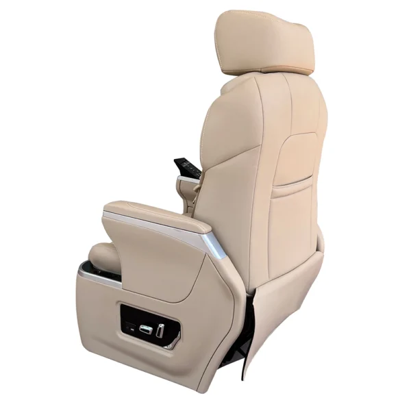 Rear perspective of a luxury car seat for sale, featuring high-quality beige leather upholstery, an integrated storage pocket, and a sleek backrest profile.