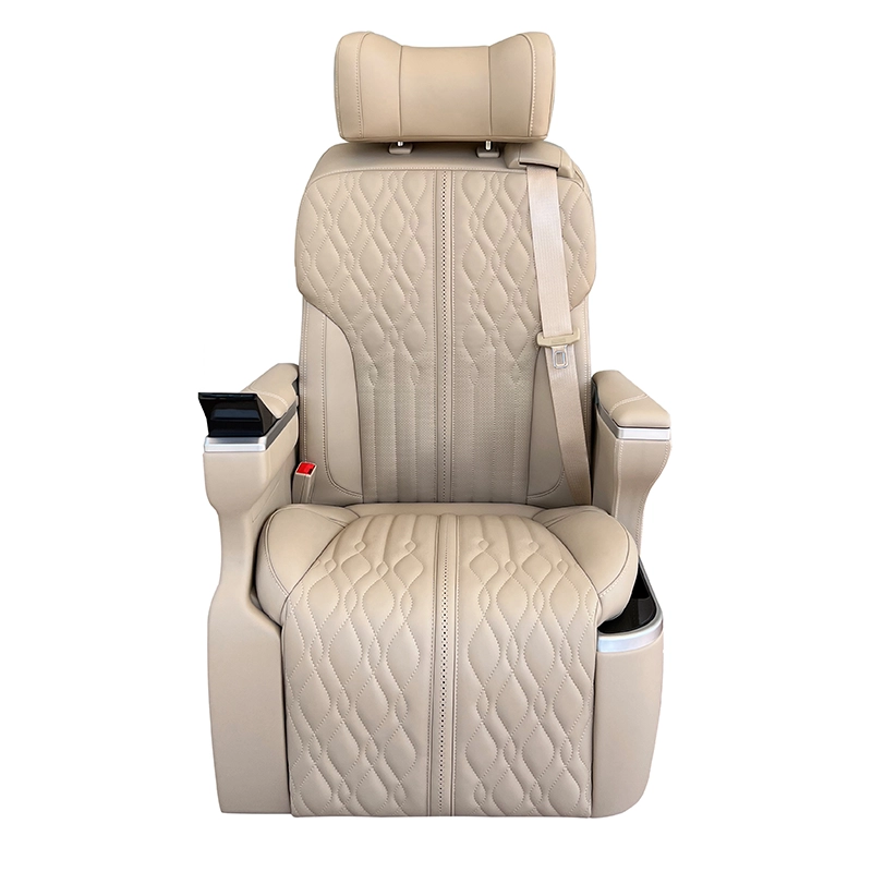 Front view of luxury car seats for sale in beige leather, featuring a fixed armrest touch screen for smart seat adjustments.