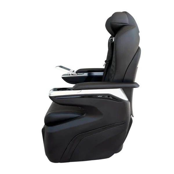 Side profile of a black luxury car seat showing the sliding armrest and integrated cup holder design.