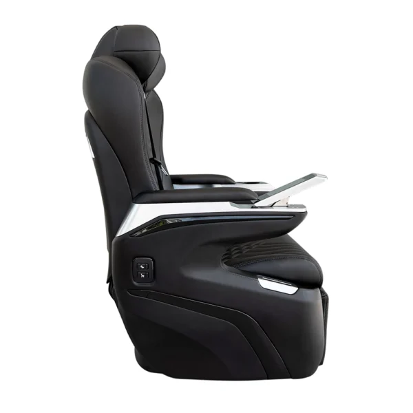 Side view of luxury car seats featuring a tiltable touch panel, wireless charging slot, and convenient control buttons for passenger comfort.