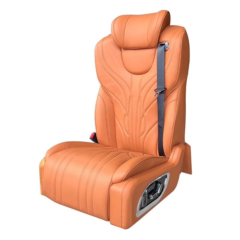 Side view of premium driver and passenger seats featuring integrated physical control buttons and seat belts.