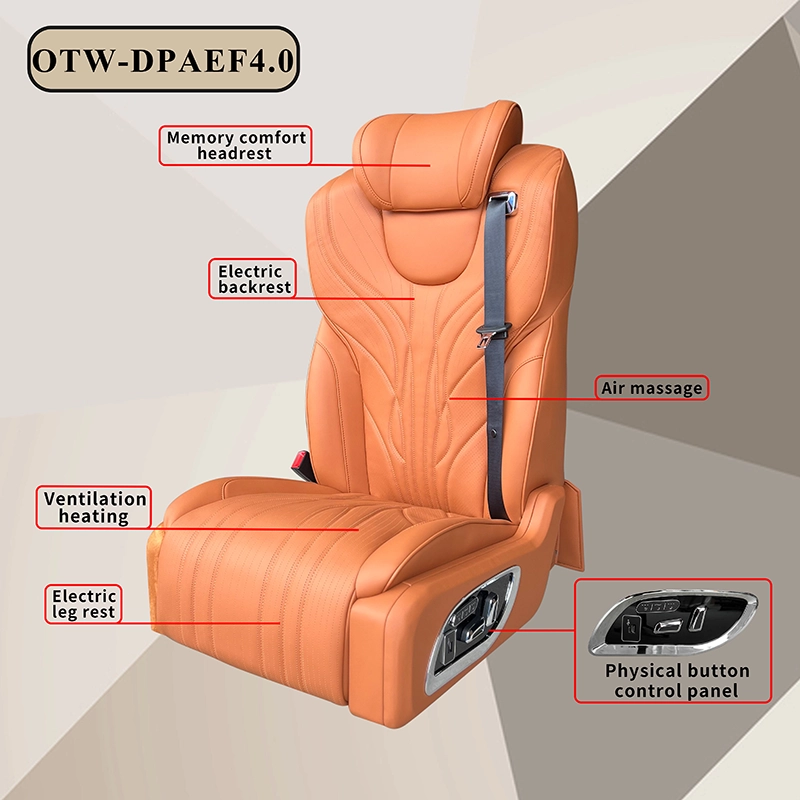 Luxury driver and passenger seats model OTW-DPAEF4.0 featuring electric massage, heating, and ventilation for commercial vehicle upgrades.