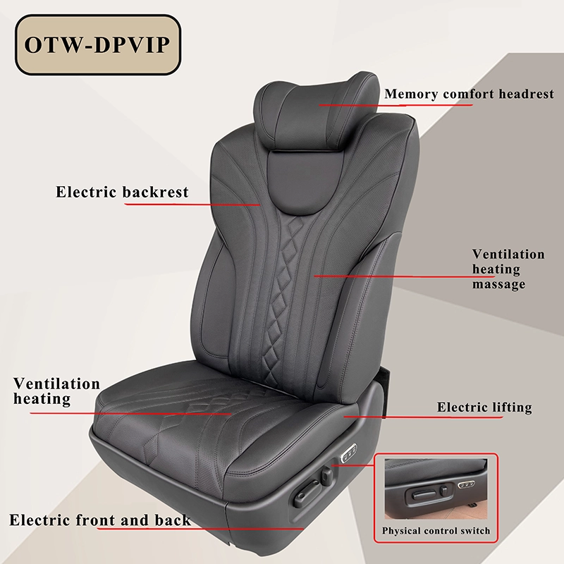 Features of a premium driver passenger seat including massage, ventilation, heating, and electric adjustments.