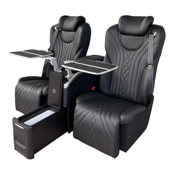 Black leather dual rear seat of car with extendable metal folding table trays and pull-out cold & warm refrigerator console