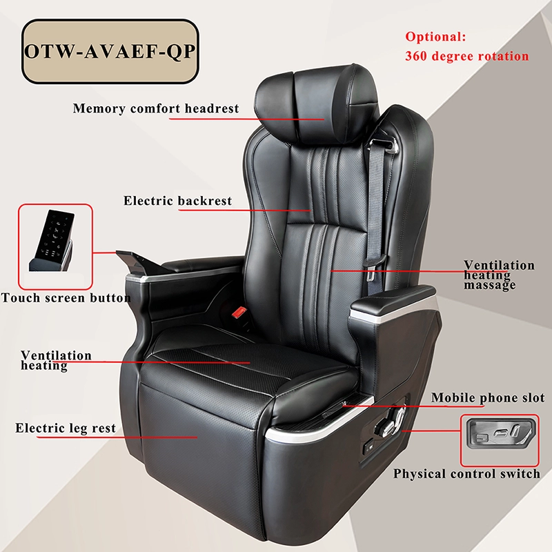 Luxury reclining car seats in black leather featuring a touch screen interface, electric leg rest, and memory comfort headrest.