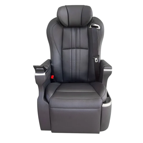 Luxury reclining car seats front view with touchscreen control on armrest