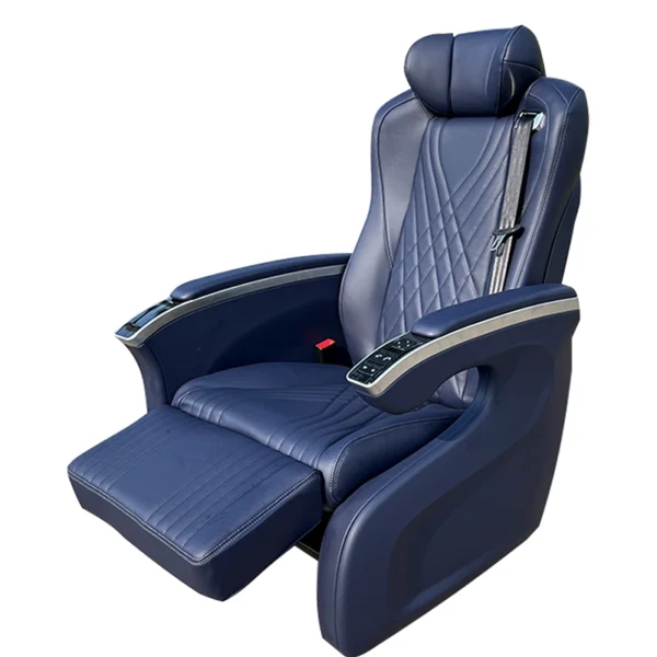 Side view of luxury seats showing the fully extended electric leg rest for maximum comfort.