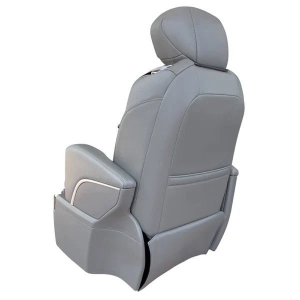 Rear view of a grey luxury seat for cars highlighting smooth leather upholstery and refined stitching details