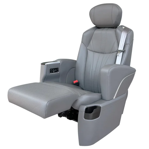 Grey luxury seats for cars with extended leg rest, showcasing comfort and ergonomic design
