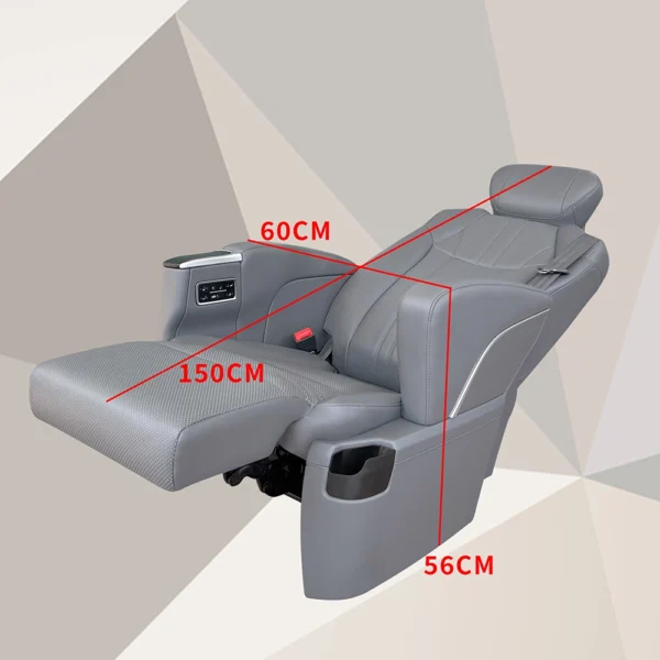 Dimension diagram of luxury seats for cars showing 150cm length when fully reclined with leg rest extended