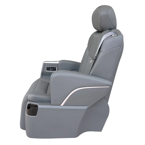 Side view of a grey luxury seat for cars showing ergonomic contours and integrated control panel