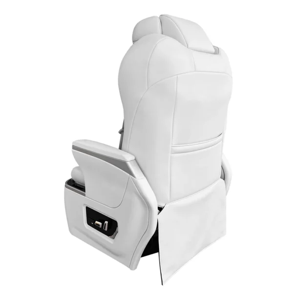 The back profile of luxury seats for sprinter van featuring a built-in storage pocket and premium white leather finish for a clean van interior look.