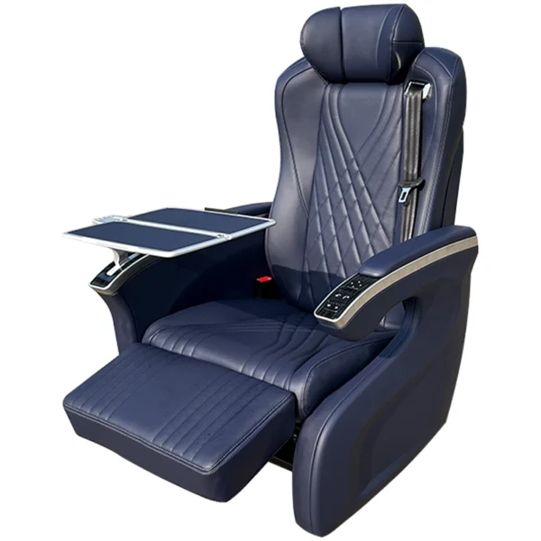 Side view of luxury seats featuring an extended leg rest and a folding table that stores inside the armrest.
