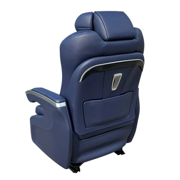 Back view of luxury seats for vans featuring premium leather upholstery and elegant decorative trim.