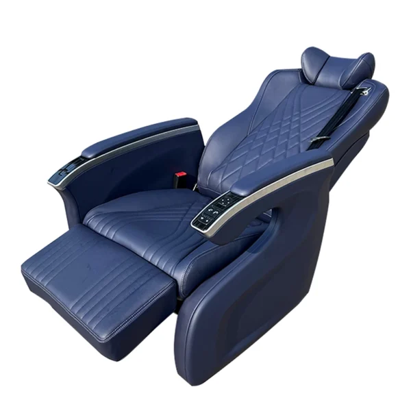Side view of luxury seats in a fully reclined position with electric backrest and leg rest extended for sleeping.