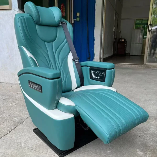 Teal white luxury sprinter van seats showing extended leg rest and side physical control panel