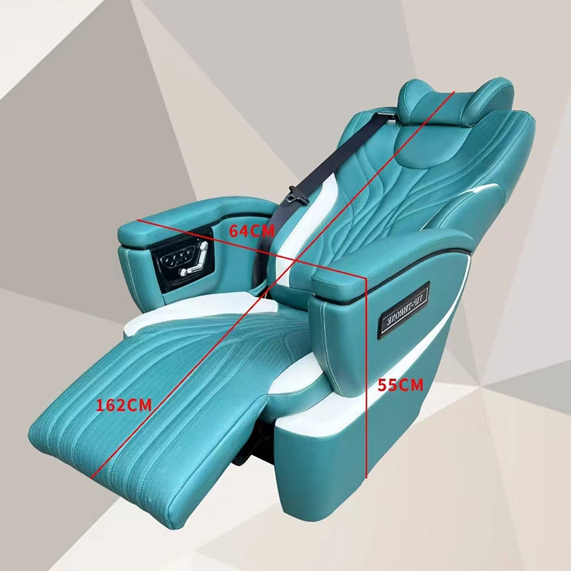 Two-tone luxury sprinter van seats with labeled measurements in full flat recline mode