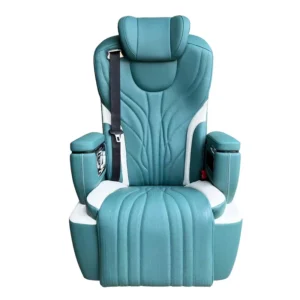 Formal front photo of teal white luxury sprinter van seats featuring unique new backrest stitching design