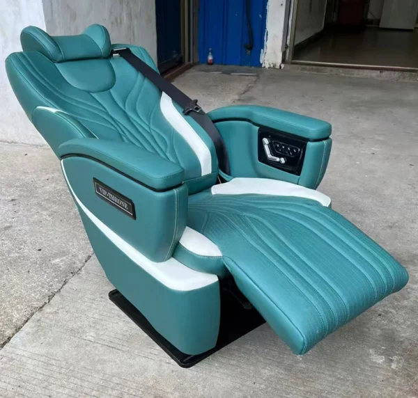 Two-tone teal luxury sprinter van seats showing full flat recline mode and side control panel