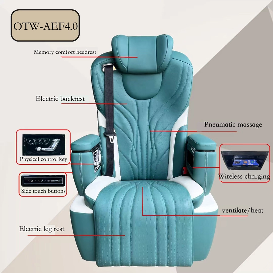 Two-tone teal luxury sprinter van seats labeled with all features including physical control buttons, massage and wireless charging