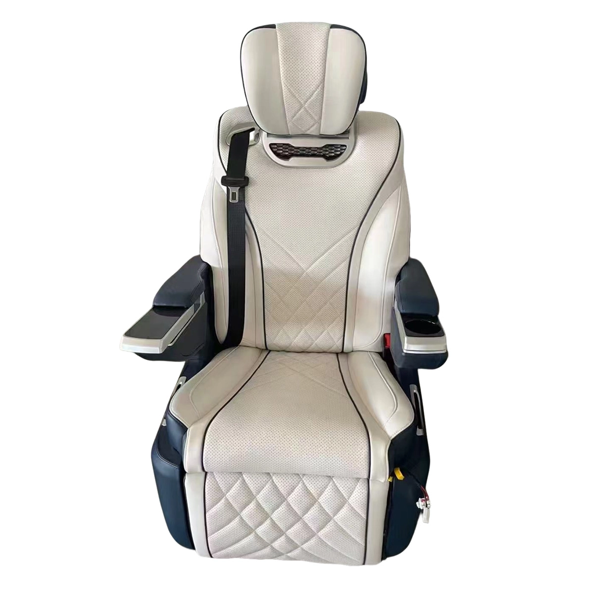 Front view of a luxury two-tone Sprinter captain seat featuring integrated touchscreen controls and premium leather upholstery.