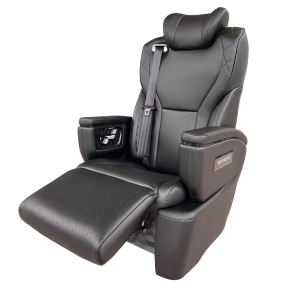 Luxury black leather van captain seat with leg rest extended for maximum passenger comfort