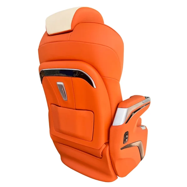 Rear view shot of orange and cream leather mercedes seats, built-in storage pocket, metallic decorative strips and side electric control buttons