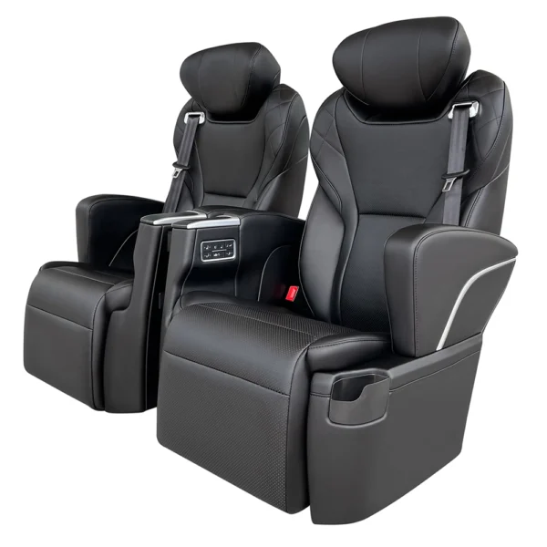 Two matching black leather kia carnival car seat with center control panel for interior upgrade