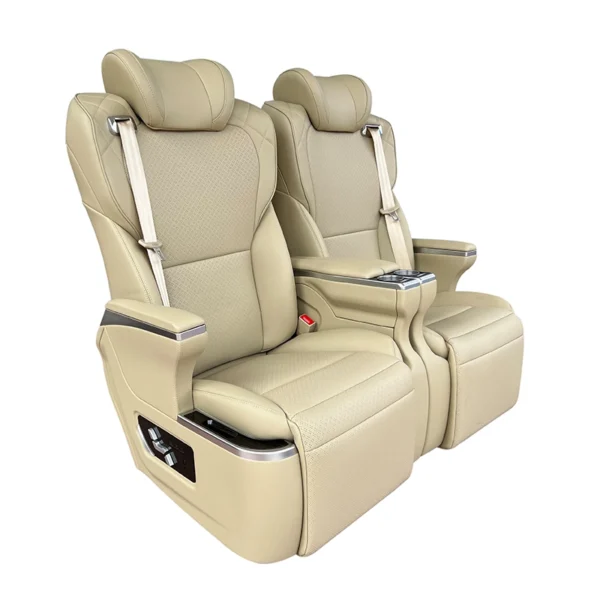 View of a pair of premium beige captain seat vehicles for luxury van conversions