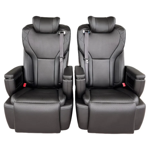 Two black leather van captain seat installed in a pair for luxury van mid-row seating upgrade