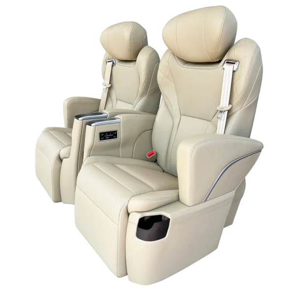 Side angle shot of two beige Toyota Grandia captain seats, customizable with 360-degree rotating feature for van refit