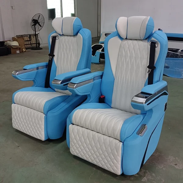 Matching pair of two-tone hyundai starex captain seats, blue and white quilted leather chairs for Hyundai Starex interior refit
