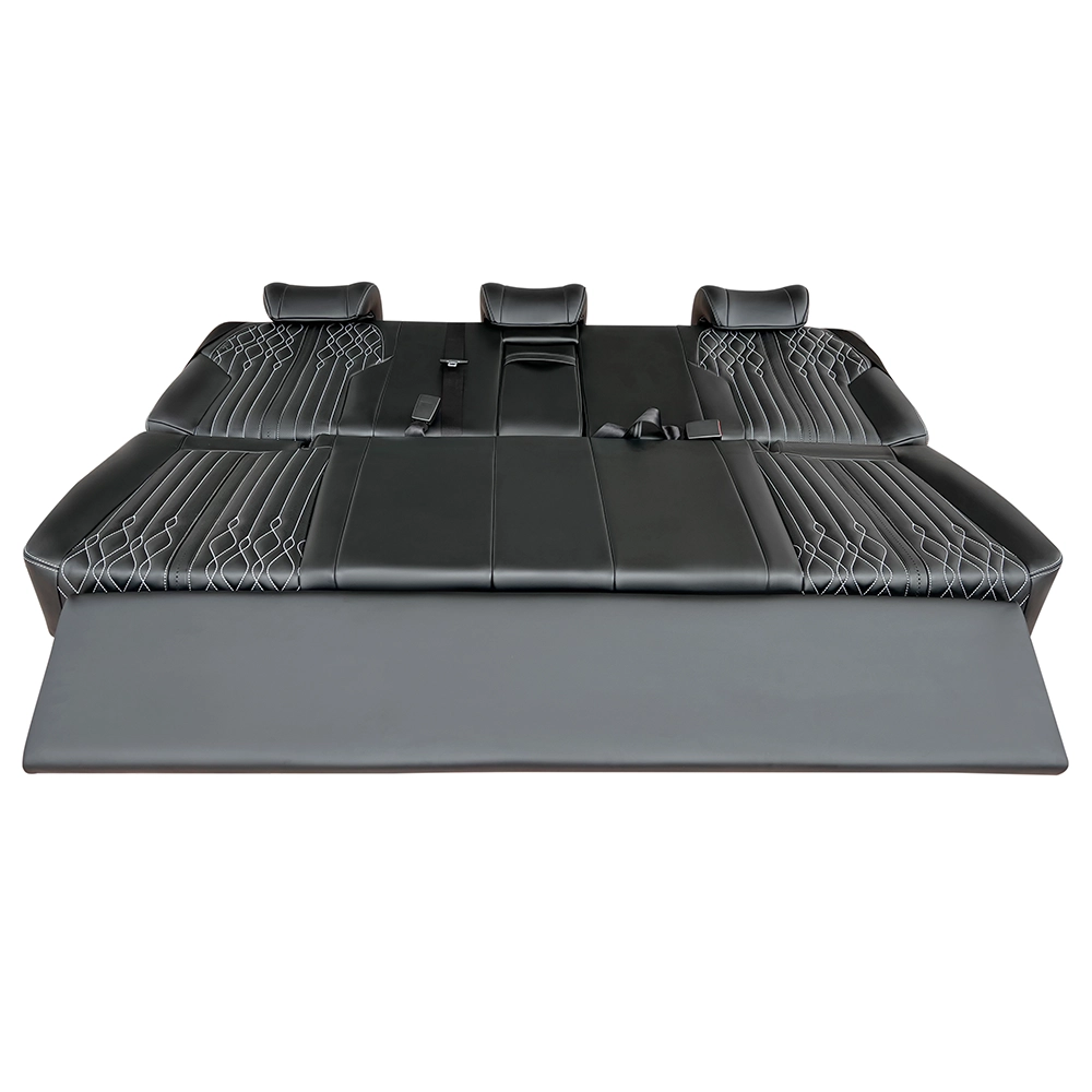 Black leather three-passenger rear captain seats fully laid flat at 180° via electric backrest adjustment