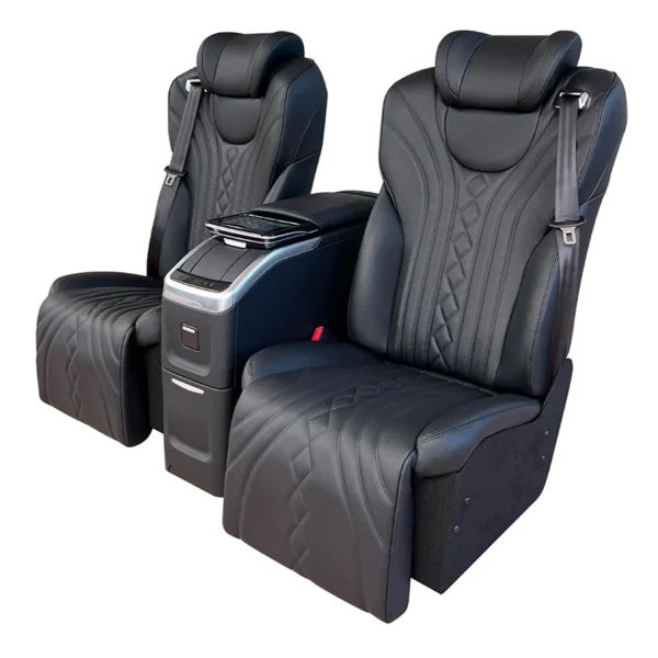 Black leather dual rear seat of car side angle shot, equipped with integrated touch screen center armrest console for SUV refitting