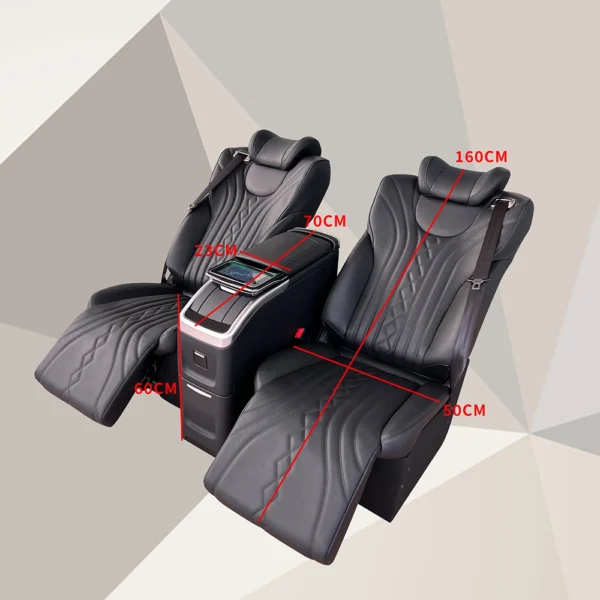Black leather rear seat of car with size markings after laying flat, showing 160CM/70CM/60CM/50CM/23CM measurement parameters