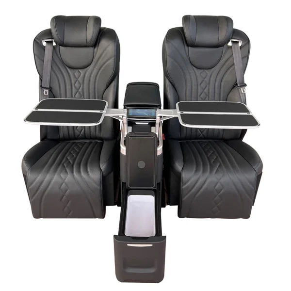 Black leather two-seater rear seat of car equipped with foldable metal side tables and built-in heat & cold dual-purpose refrigerator console