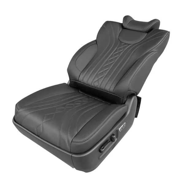 Side angle view of a luxury driver passenger seat in a reclined position, highlighting ergonomic design.