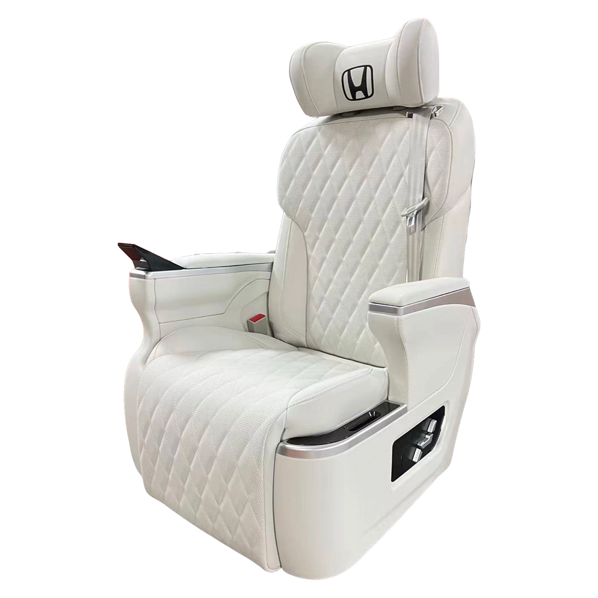 Front shot of white quilted Sienta captain seat equipped with fixed touch screen control panel