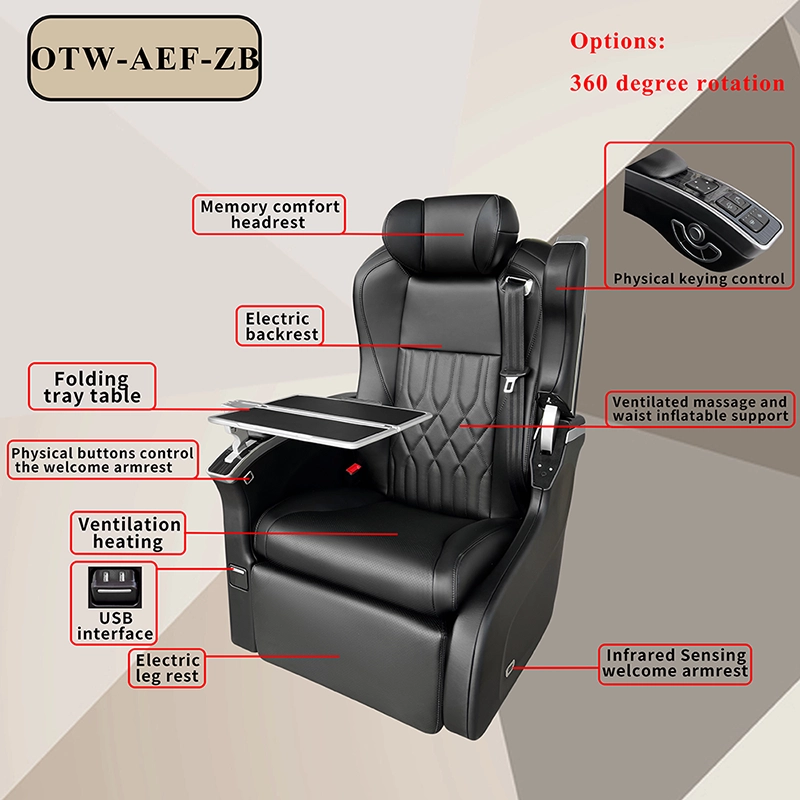 Annotated functional diagram of luxury sprinter seats, equipped with folding tray table, ventilation massage, electric leg rest and welcome armrest
