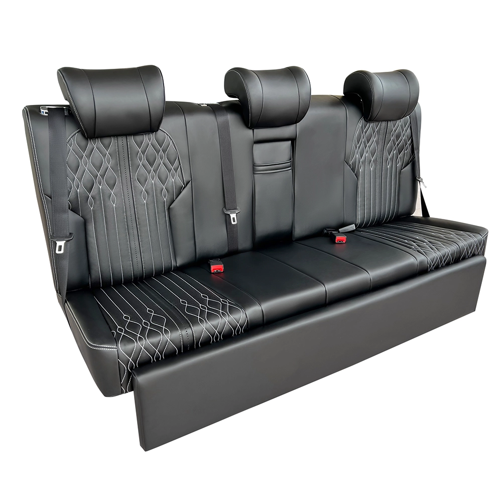 Black leather three-person rear captain seats with lengthened seat cushion for commercial van interior refit