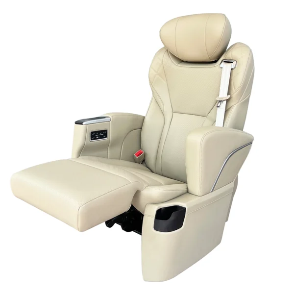 Beige leather toyota grandia captain seat showing extended electric leg rest function