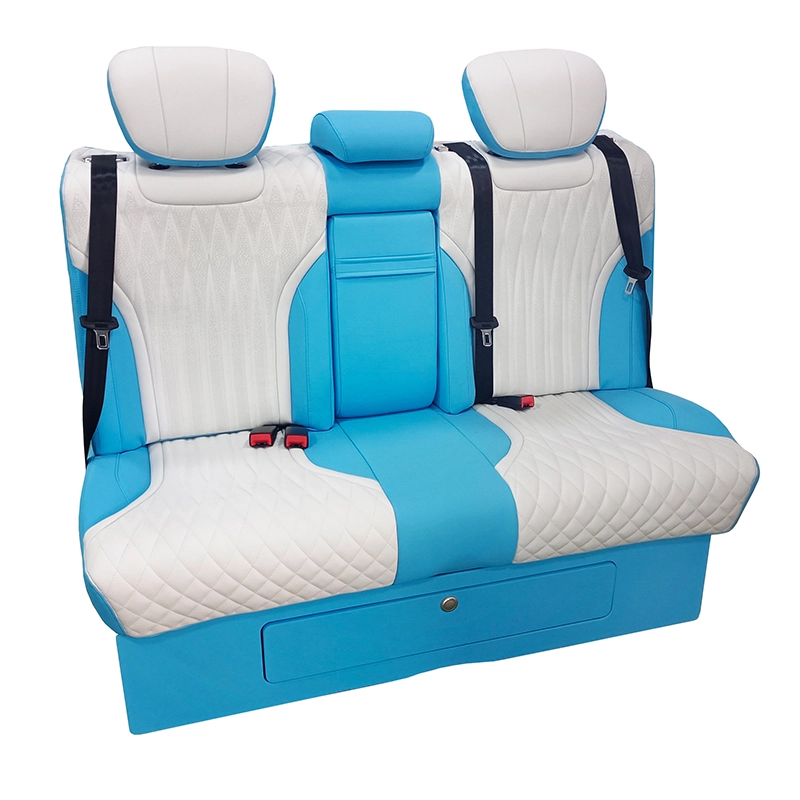 Blue white two-tone back seat of car, equipped with electric forward-back movement and electric adjustable backrest