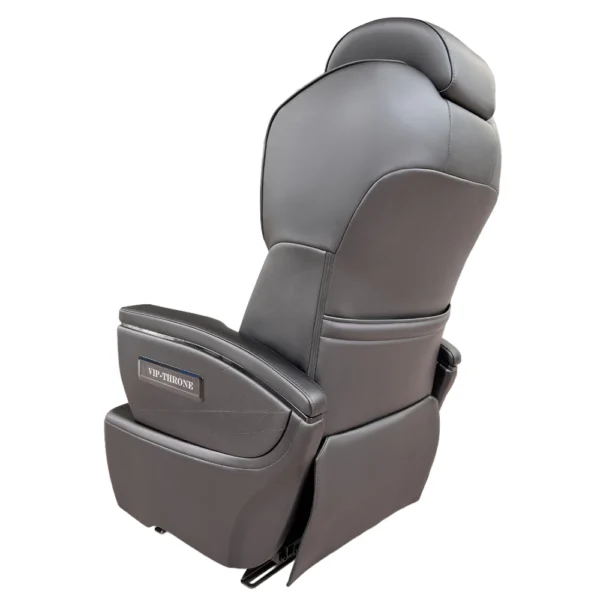 Back view of the black leather van captain seat showing premium upholstery and VIP-THRONE branding