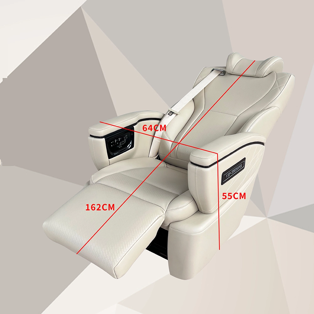 Beige leather van luxury seats with labeled dimensions in full flat recline mode