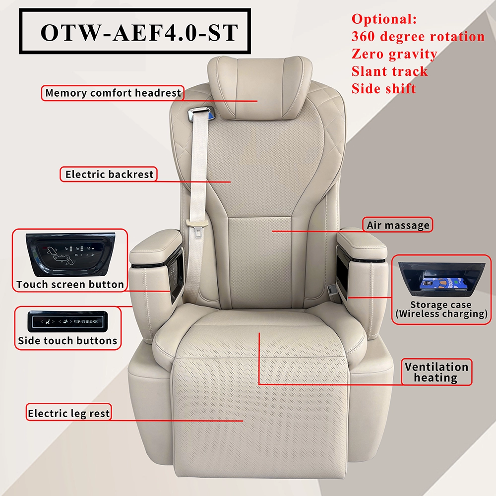 Labeled function chart of van luxury seats, supports custom extra features and leather colors