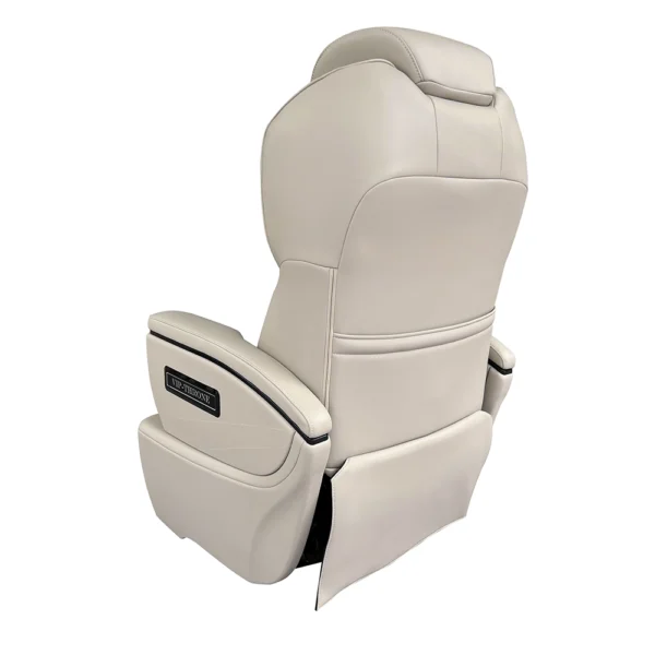 Back shot of full leather van luxury seats, displaying neat segmented rear stitching and armrest logo plate