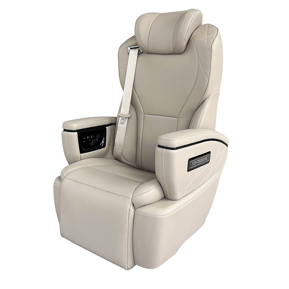 Side shot of leather van luxury seats, featuring handy touch screen controller on the left armrest